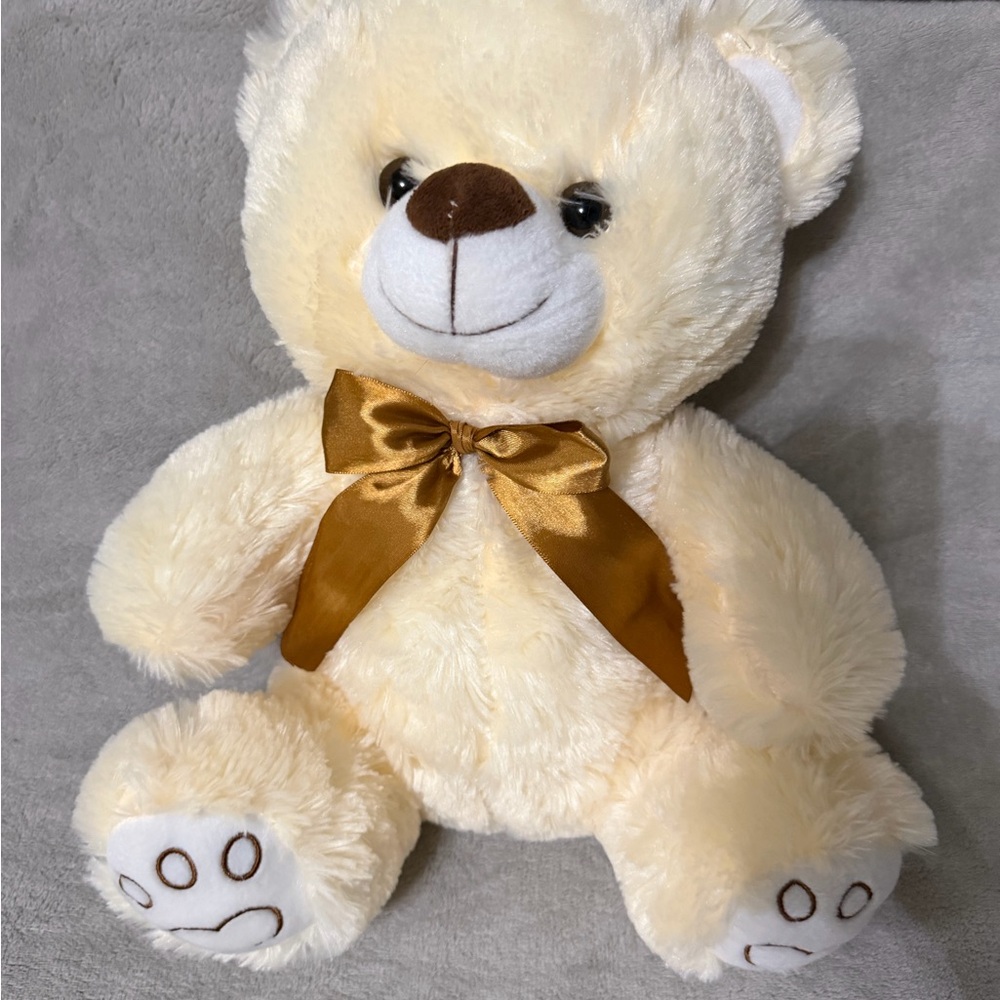 Cream Teddy Bear with Gold Bow new